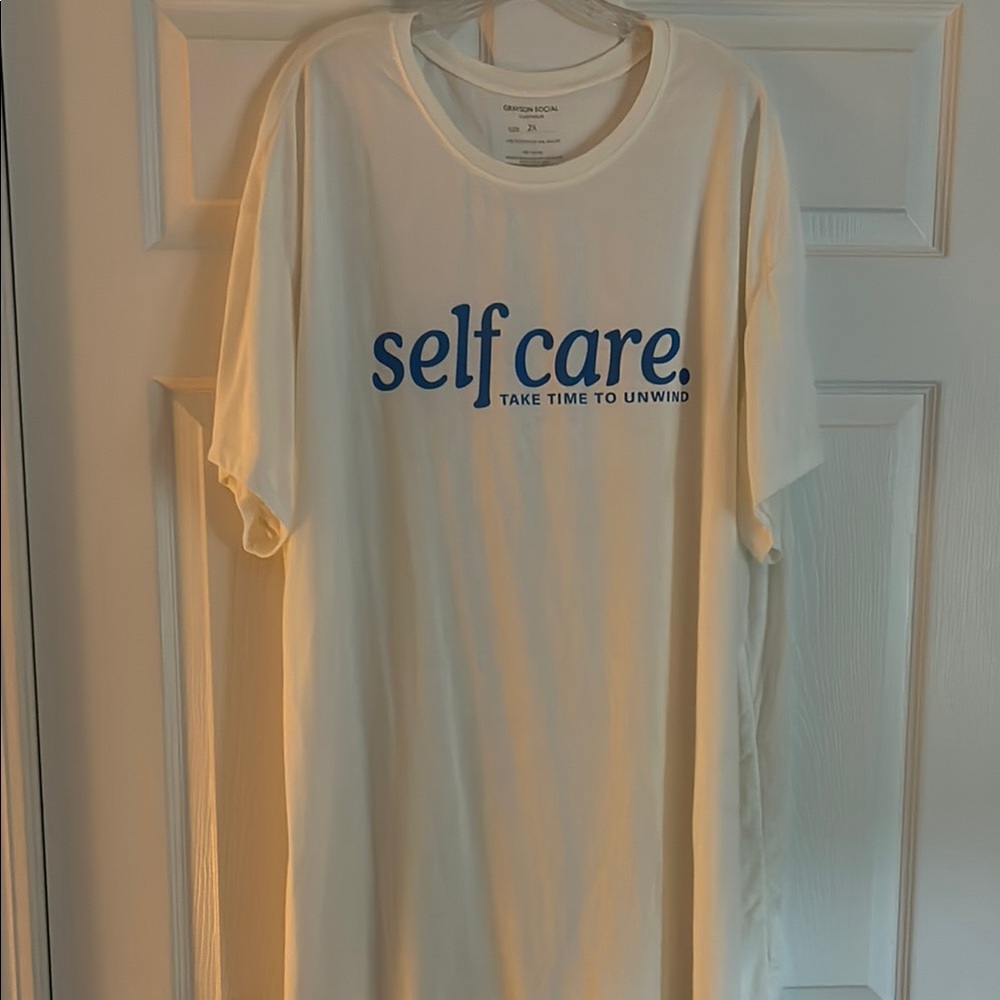 White T-Shirt with Blue 'Self Care' Print